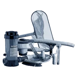 Hayward pool pump with connected filter and plumbing hardware for an outdoor pool system.