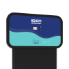Pool salt dispenser unit with blue front panel reading 'IBER COVER POOL' and 'Premium Salt' text on a dark stand.